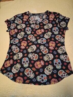 Women's No Boundaries Black Sugar Skull Floral Short Sleeve Top, Size XXXL, NWOT